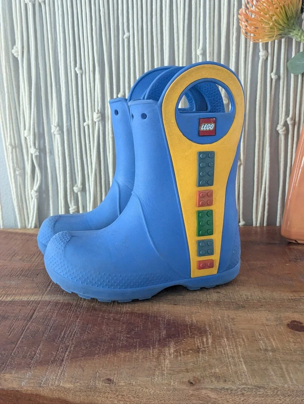 Crocs x LEGO Blue Handle It Rain Boots Kids Size C 11 Yellow Red Brick Detail